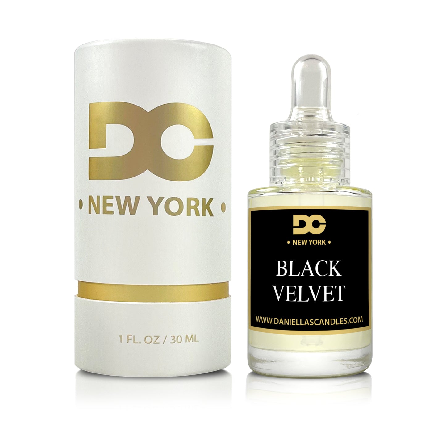 DC New York candle and Black Velvet perfume bottle on a white background