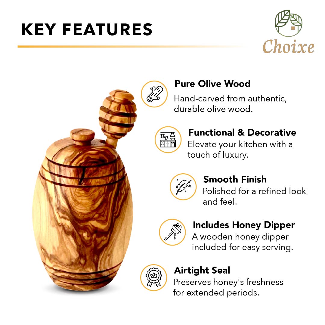 Olive Wood Honey Pot with Honey Dipper – Handcrafted Mediterranean Honey Keeper