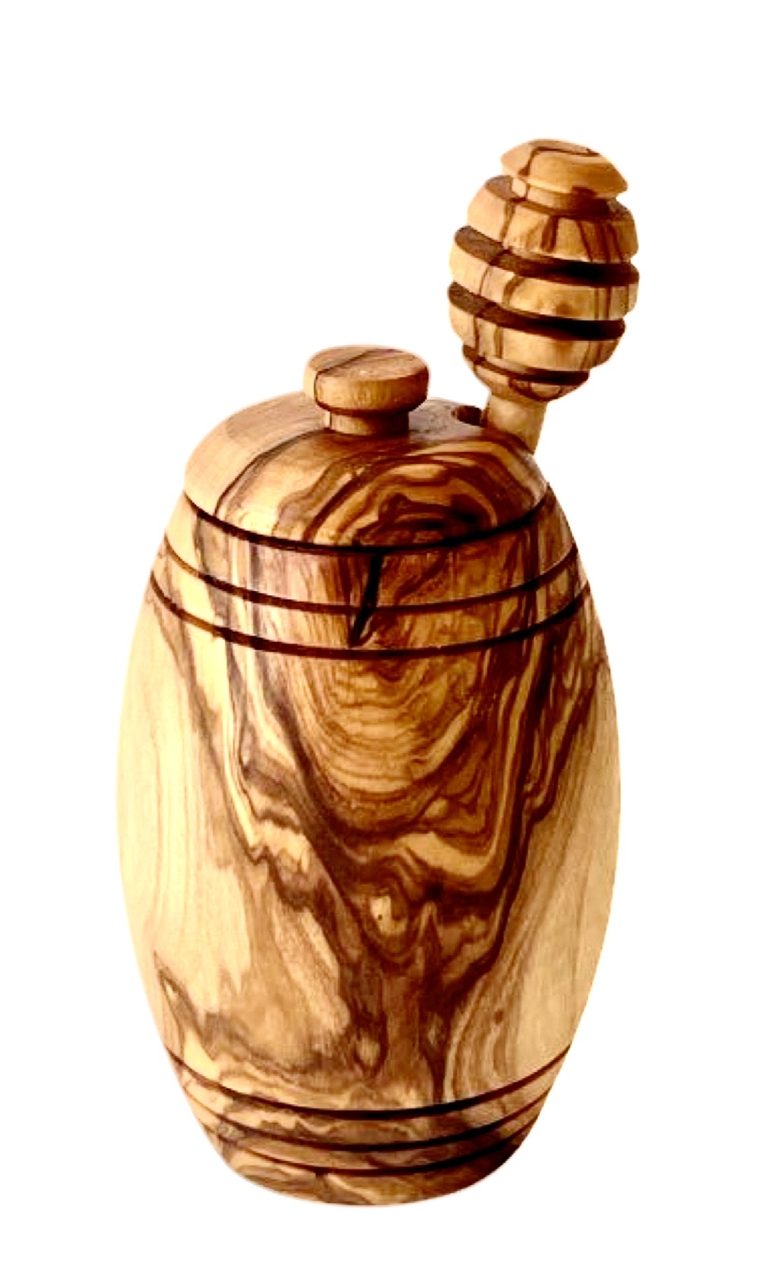 “Handcrafted olive wood honey pot with dipper showcasing natural grain and smooth polished finish.”