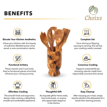 Olive Wood Kitchen Servers Set with Holder – Handcrafted 6-Piece Mediterranean Utensil Set