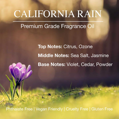 Advertisement for California Rain premium grade fragrance oil with a purple flower in the foreground.