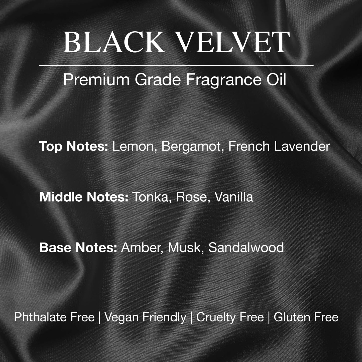 Black velvet fabric with text about Black Velvet premium grade fragrance oil, including notes and certifications.