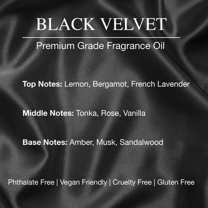 Black velvet fabric with text about Black Velvet premium grade fragrance oil, including notes and certifications.