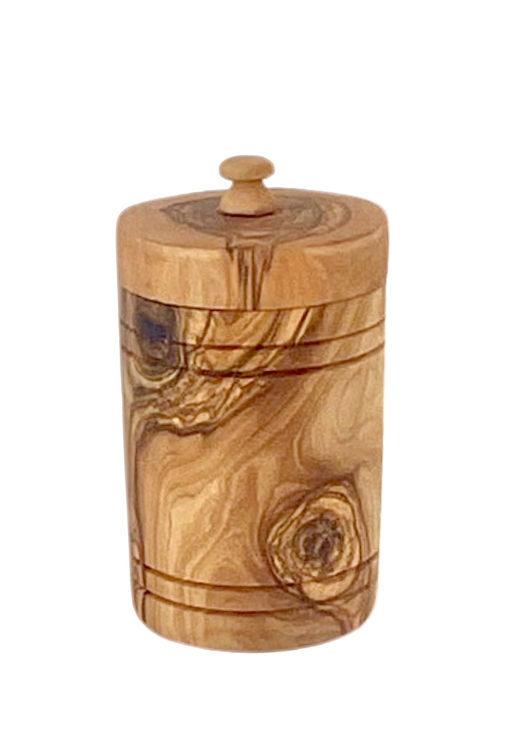 “Handcrafted olive wood spice jar with airtight lid, perfect for keeping salt fresh on the countertop.”
