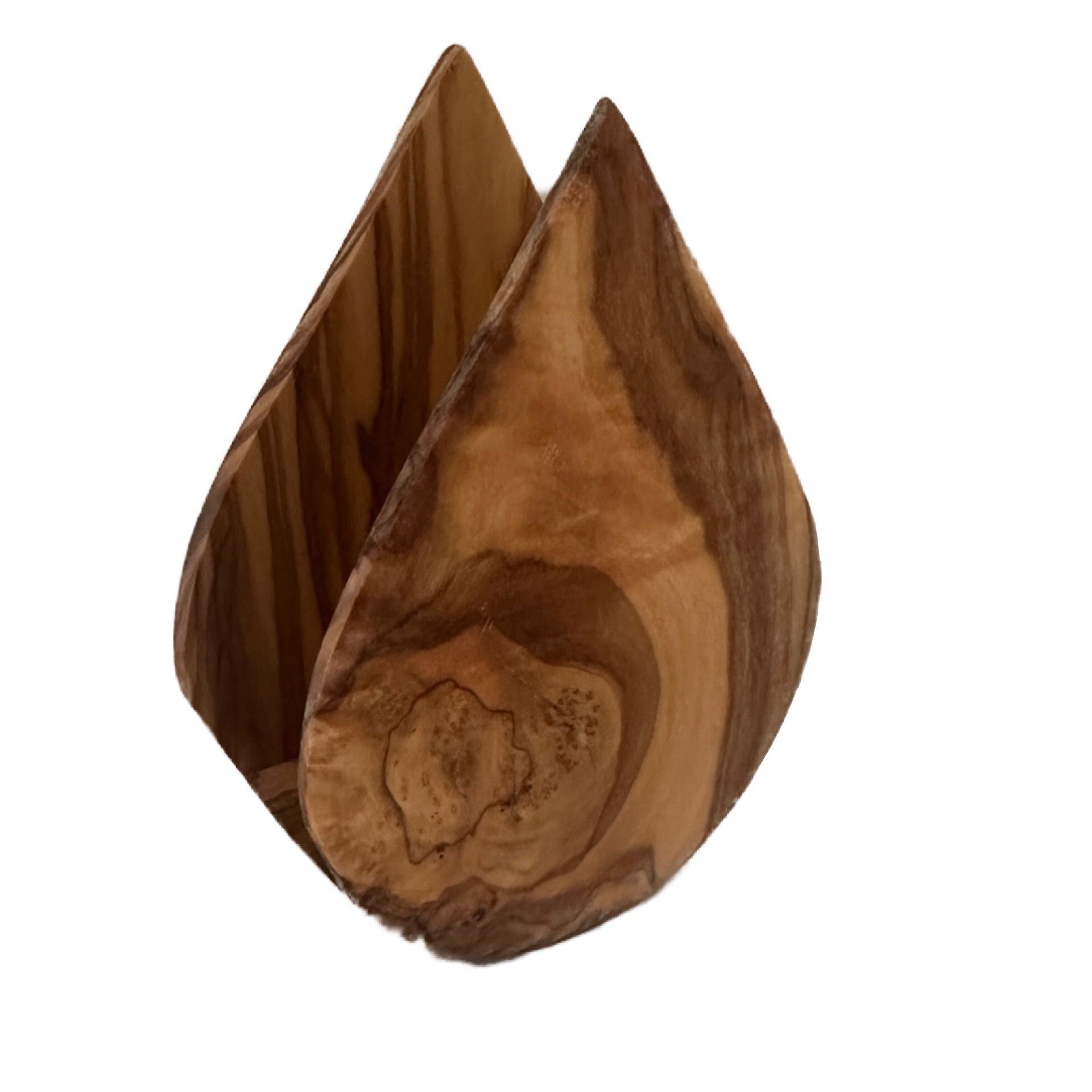 Handcrafted olive wood napkin holder showcasing natural grain patterns
