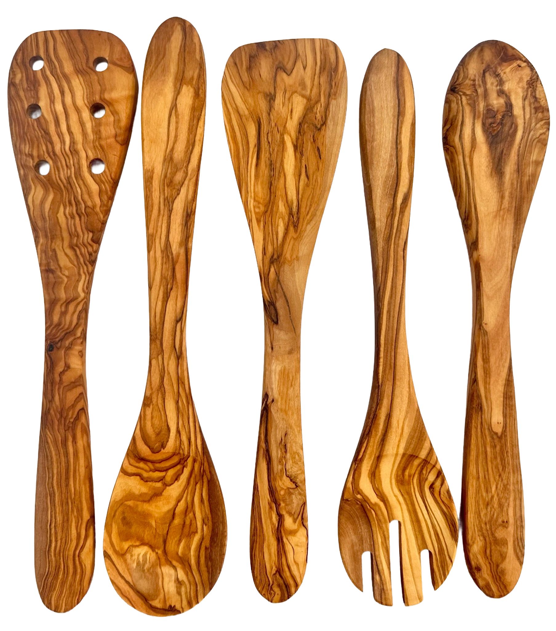 Close-up of polished olive wood grain on cooking spoon
