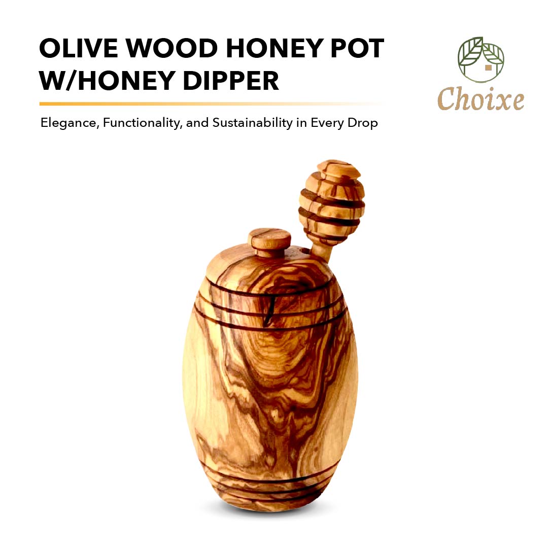 “Open olive wood honey pot filled with honey, highlighting airtight design and artisan craftsmanship.”