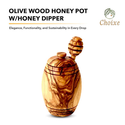 “Open olive wood honey pot filled with honey, highlighting airtight design and artisan craftsmanship.”