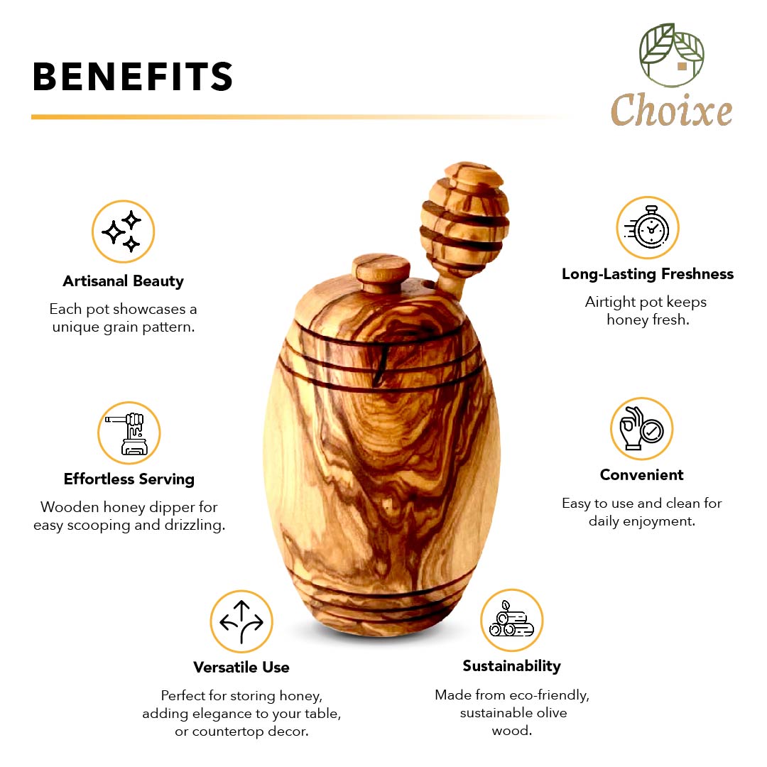 Olive Wood Honey Pot with Honey Dipper – Handcrafted Mediterranean Honey Keeper