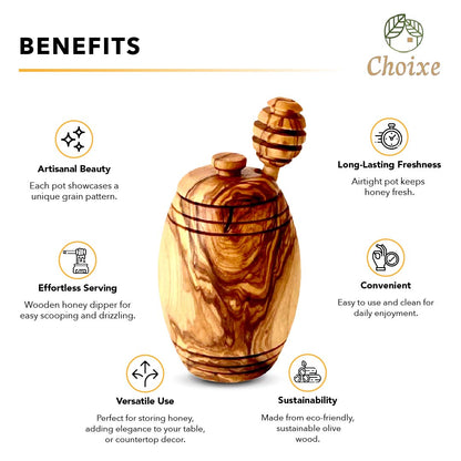 Olive Wood Honey Pot with Honey Dipper – Handcrafted Mediterranean Honey Keeper