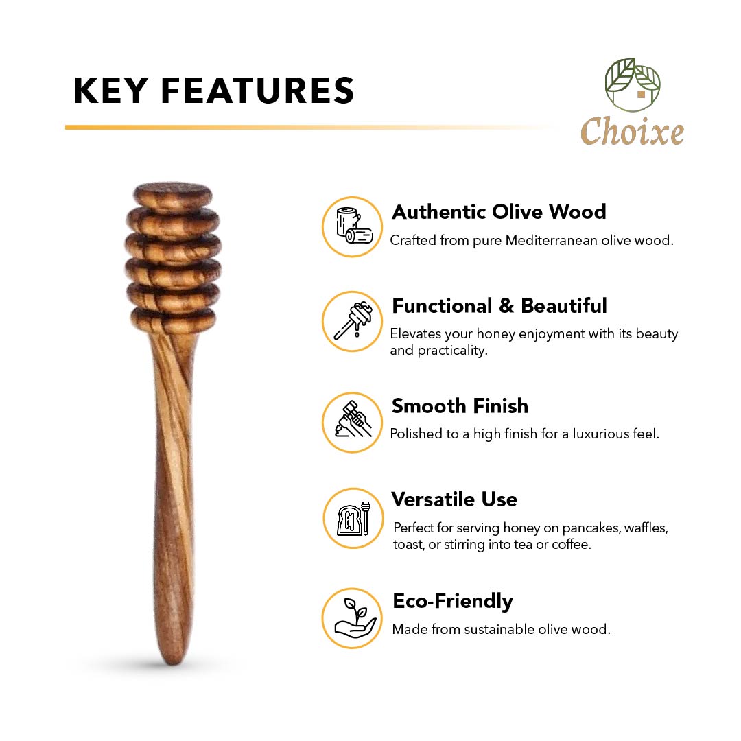 Olive Wood Honey Spoon handmade from Mediterranean olive wood, polished 6-inch honey dipper kitchen accessory