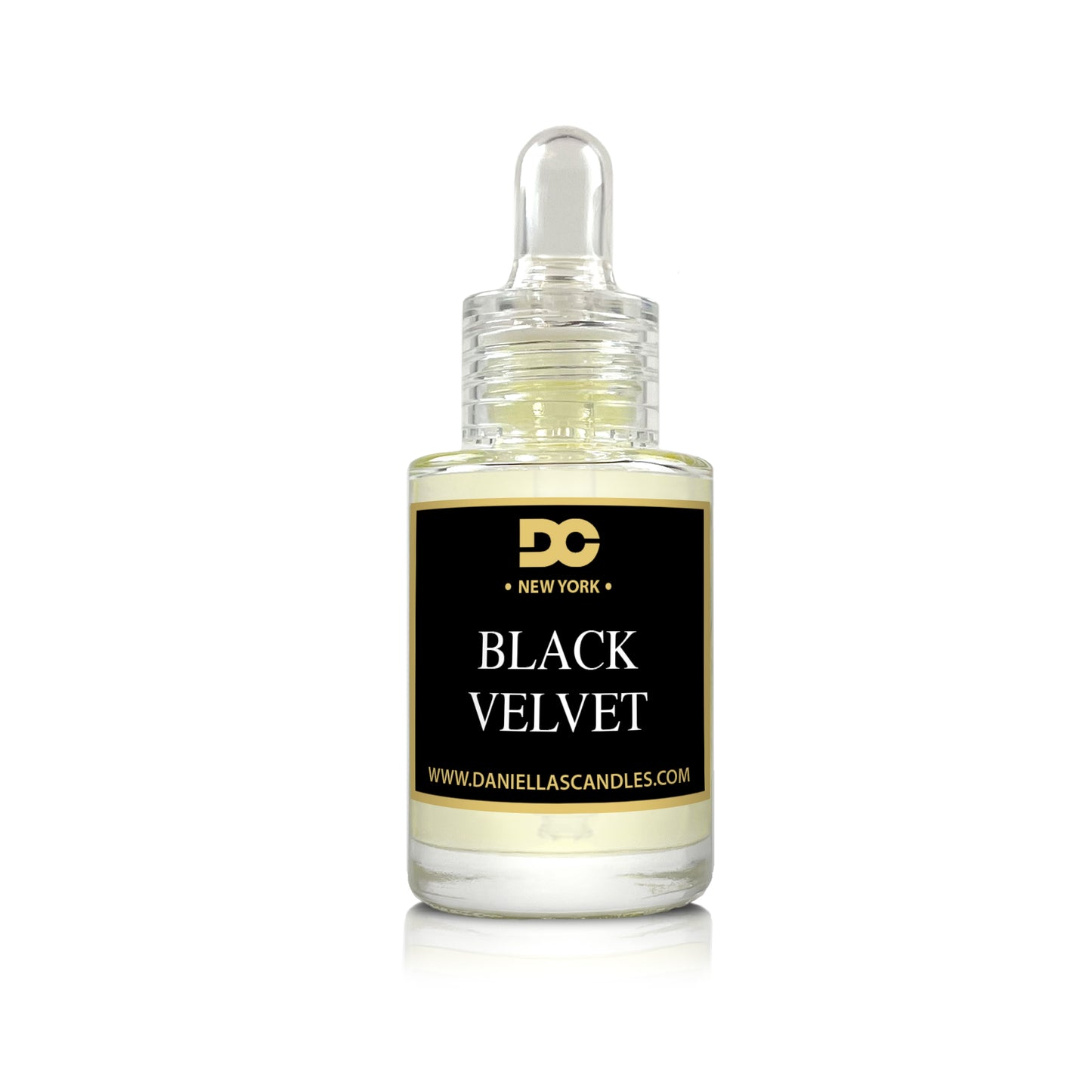 Bottle of 'Black Velvet' candle wax from DC New York on a white background