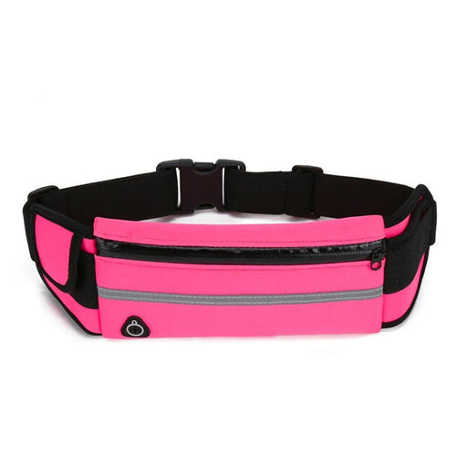 Pink waist bag with black straps on a white background