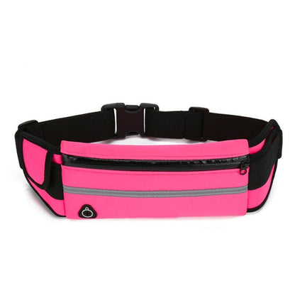 Pink waist bag with black straps on a white background