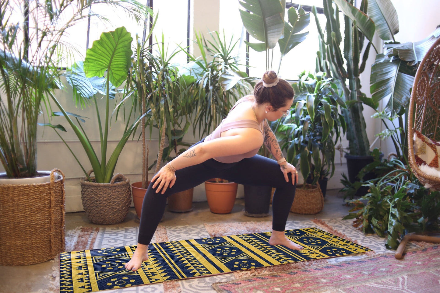 Printed PVC yoga mat with non-slip surface in full rolled-out view