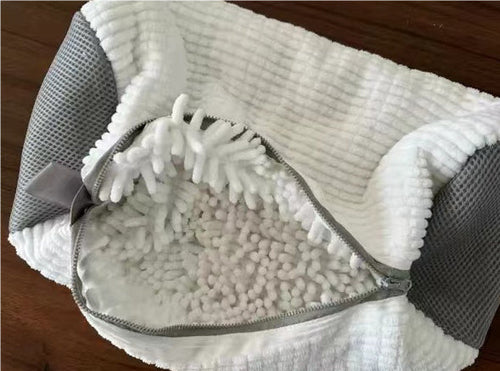 White shoe wash bag with chenille fibers laid flat