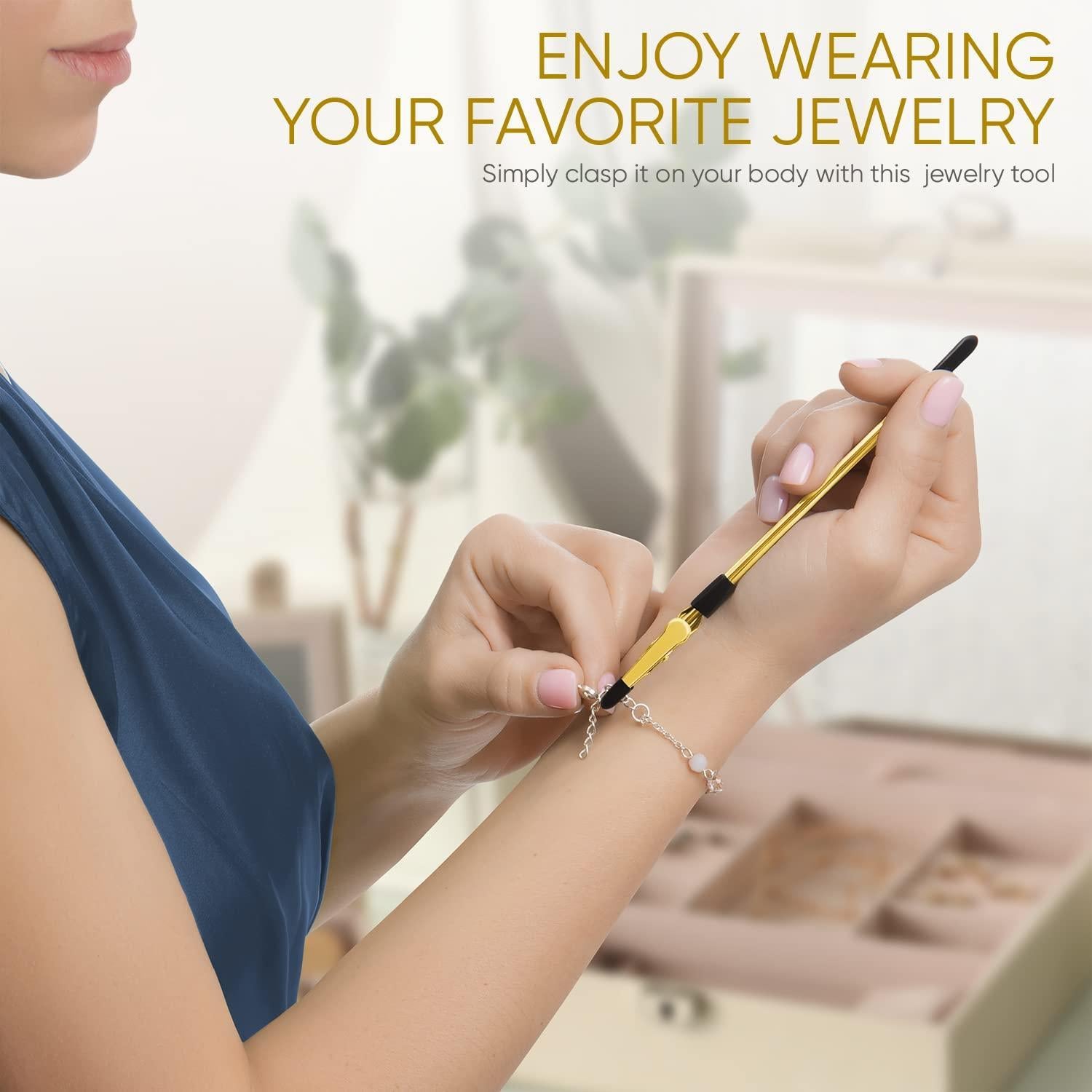Bracelet fastener helper tool makes wearing accessories a joy.