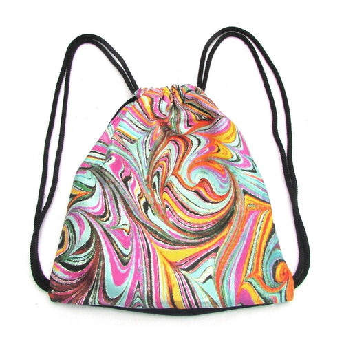 Drawstring bag with colorful Ebru pattern on a white background