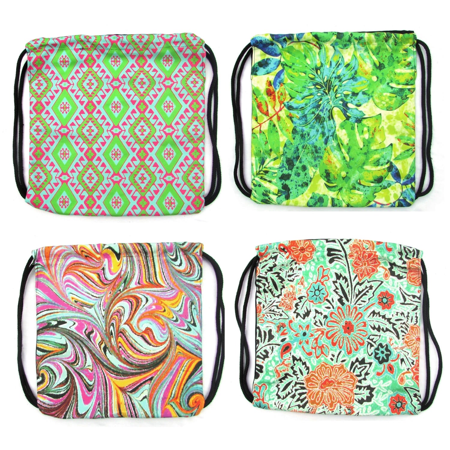 4 Patterns of drawstring backpacks are displayed together