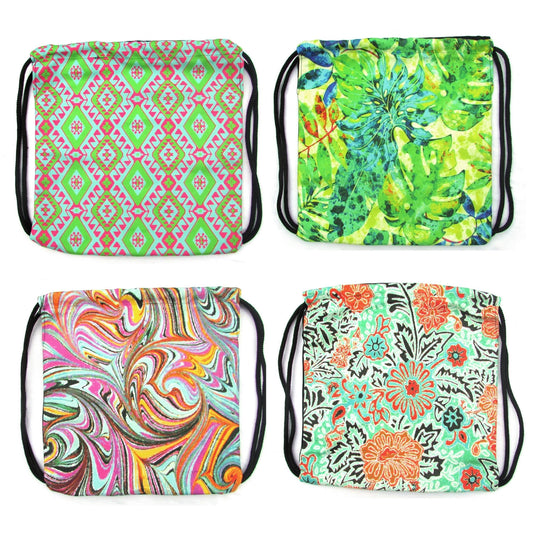 4 Patterns of drawstring backpacks are displayed together
