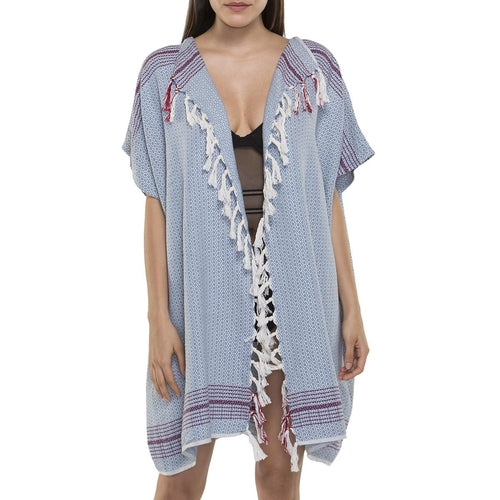 Front view of handwoven Tapestry Turkish Tunic in turquoise – lightweight cotton beach cover-up