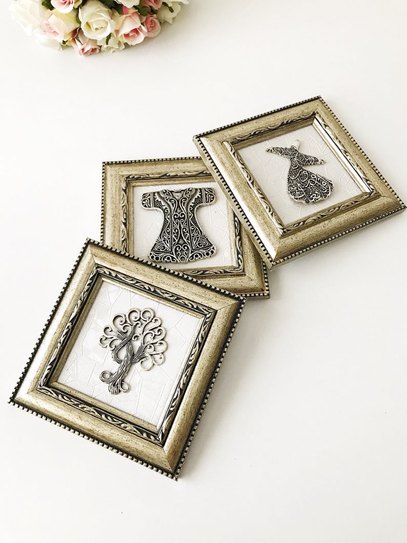 Compact 14x14 cm cultural wall decor frame of 3 options as Mevlana, Tree of Life, & Caftan