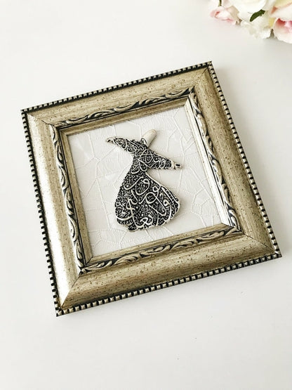 Handmade framed Mevlana wall decor in square format