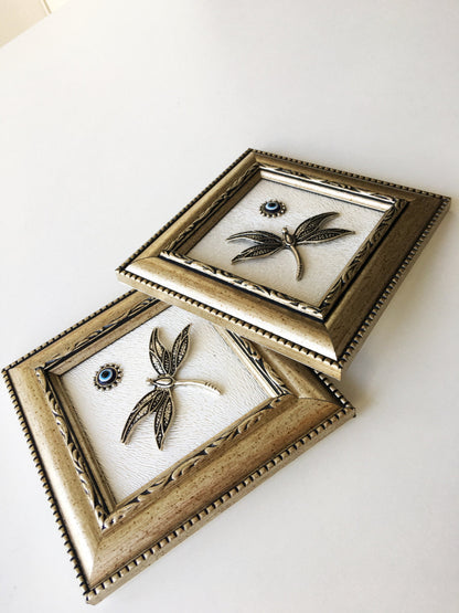 Handmade dragonfly evil eye framed wall art 14x14 cm.