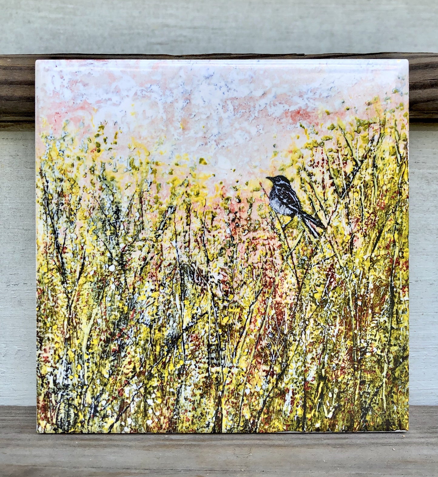 Handmade meadow tile with sparrow artwork