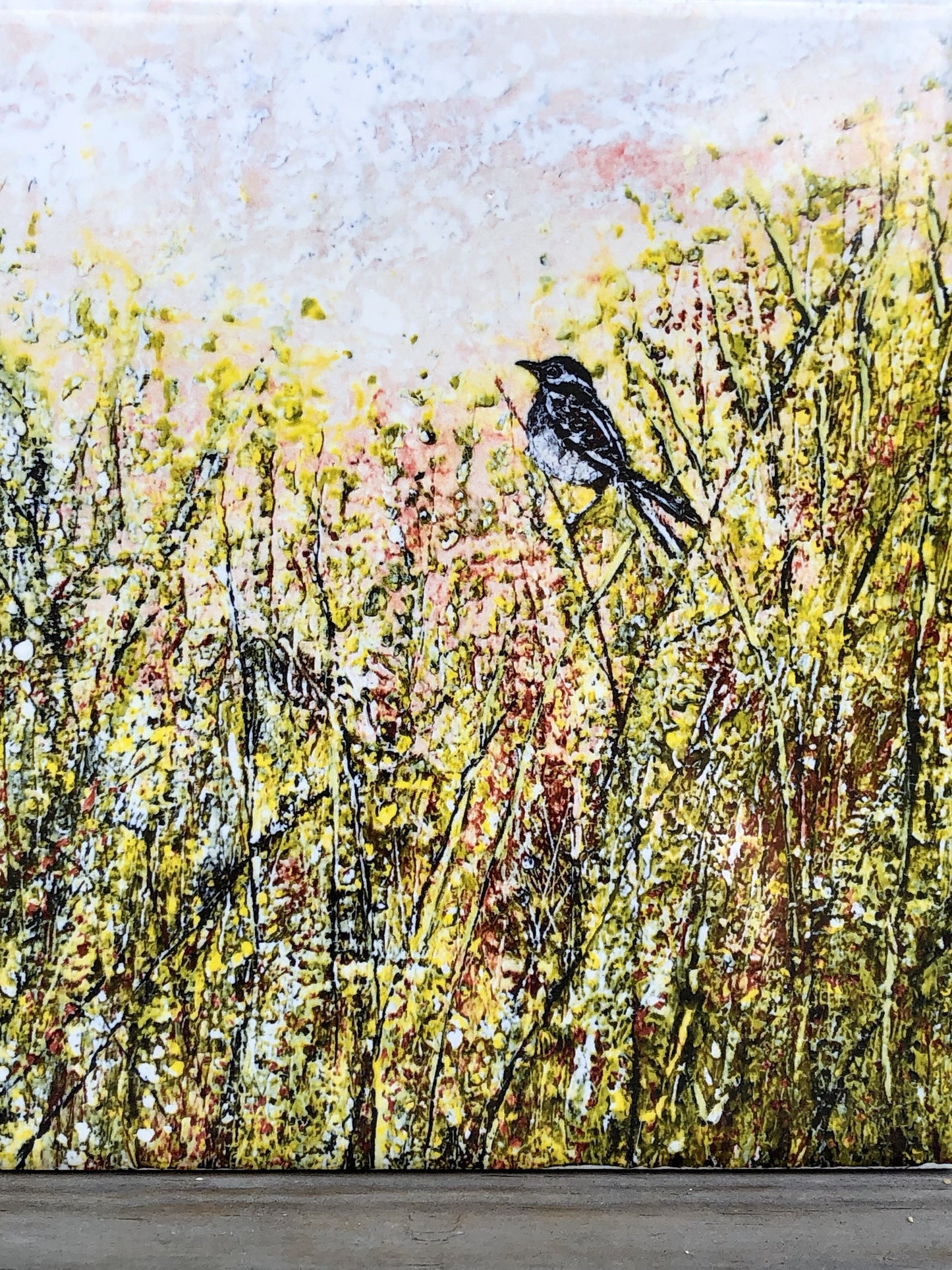 Close-up of bird and wildflower illustration