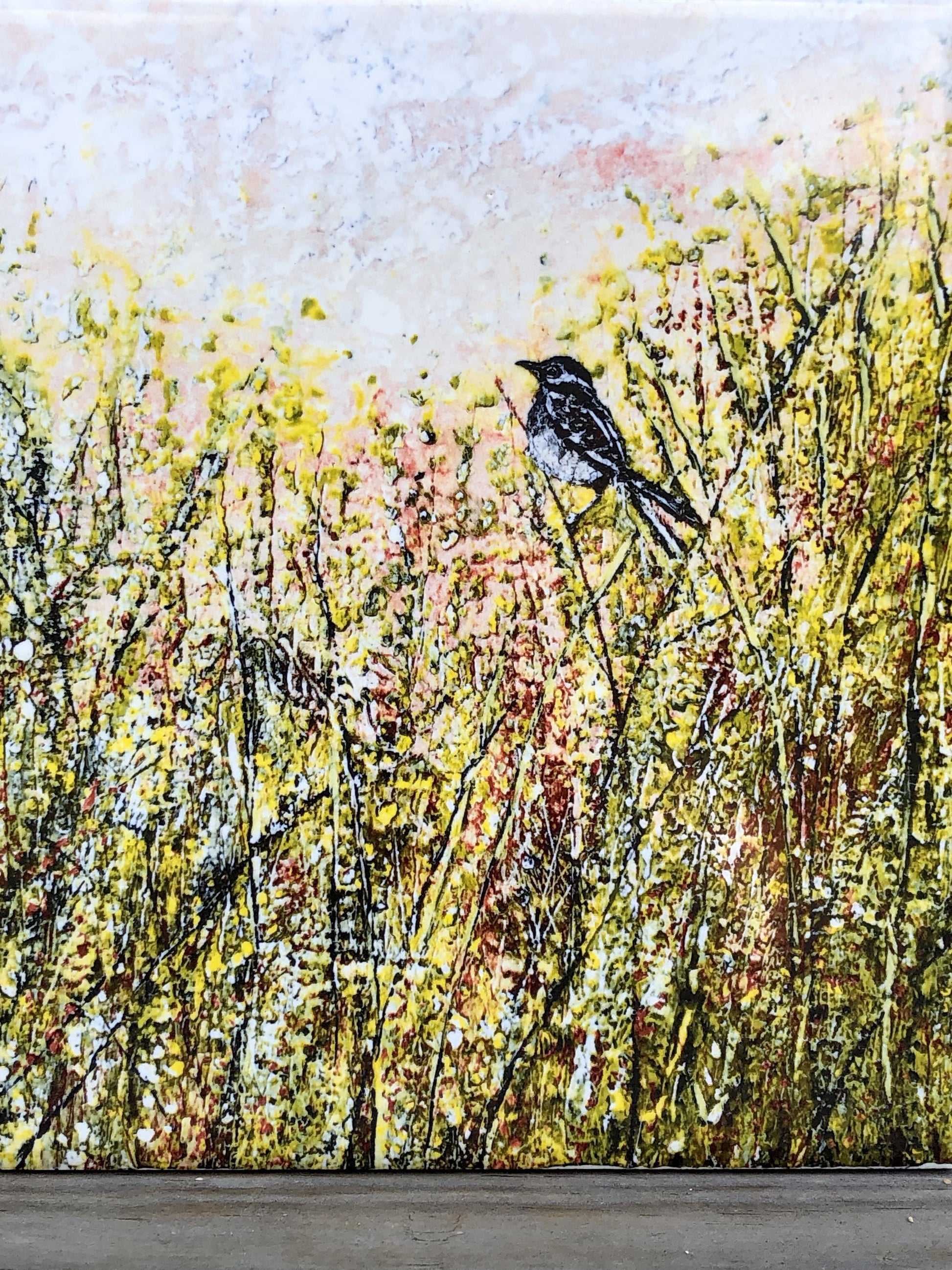Close-up of bird and wildflower illustration