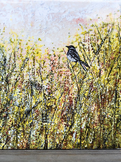 Close-up of bird and wildflower illustration