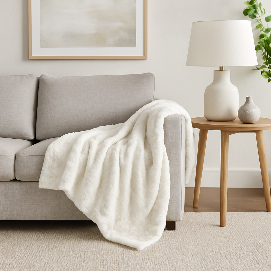 White roses faux fur sherpa throw blanket draped over sofa in living room décor