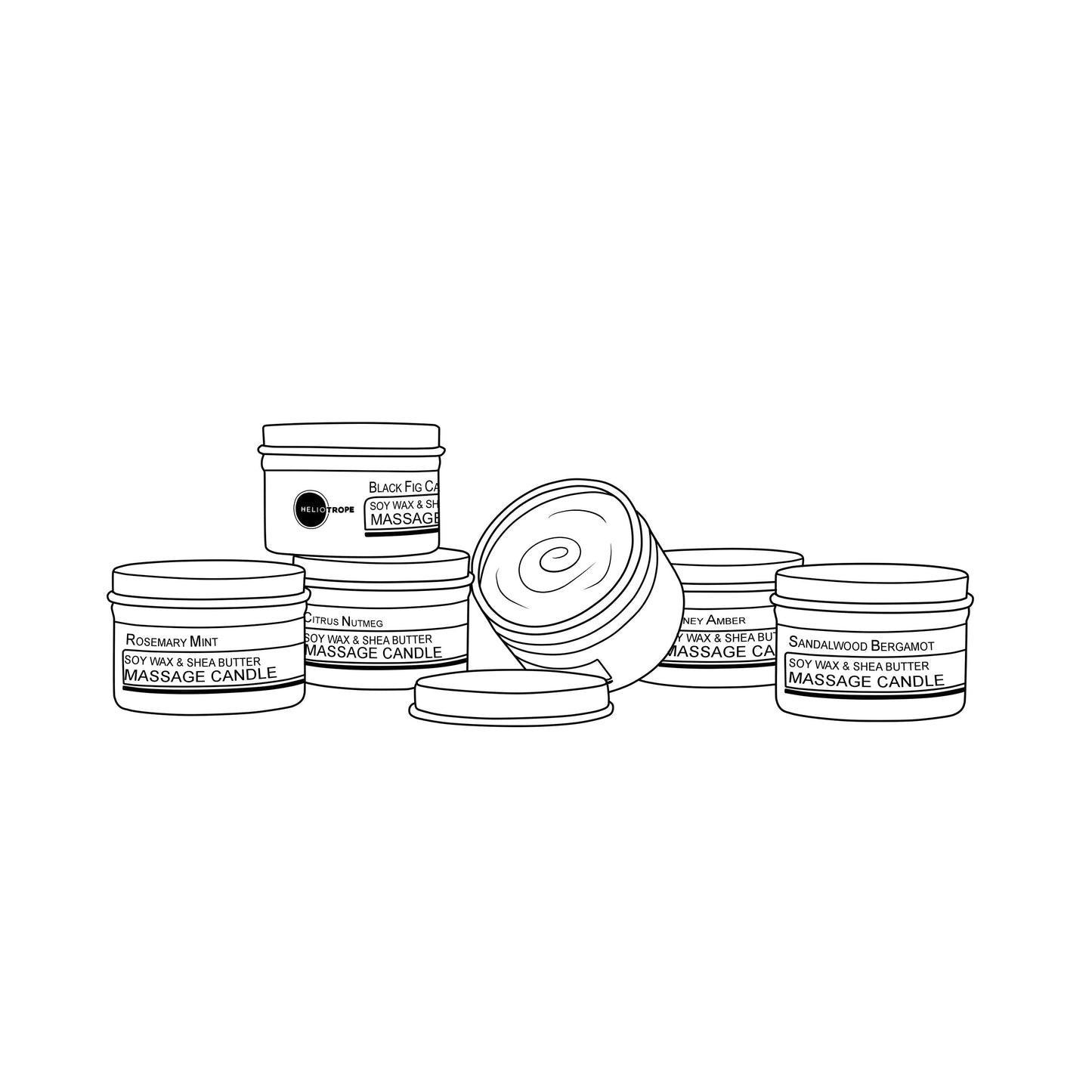 Illustration of massage candles with labels on a white background