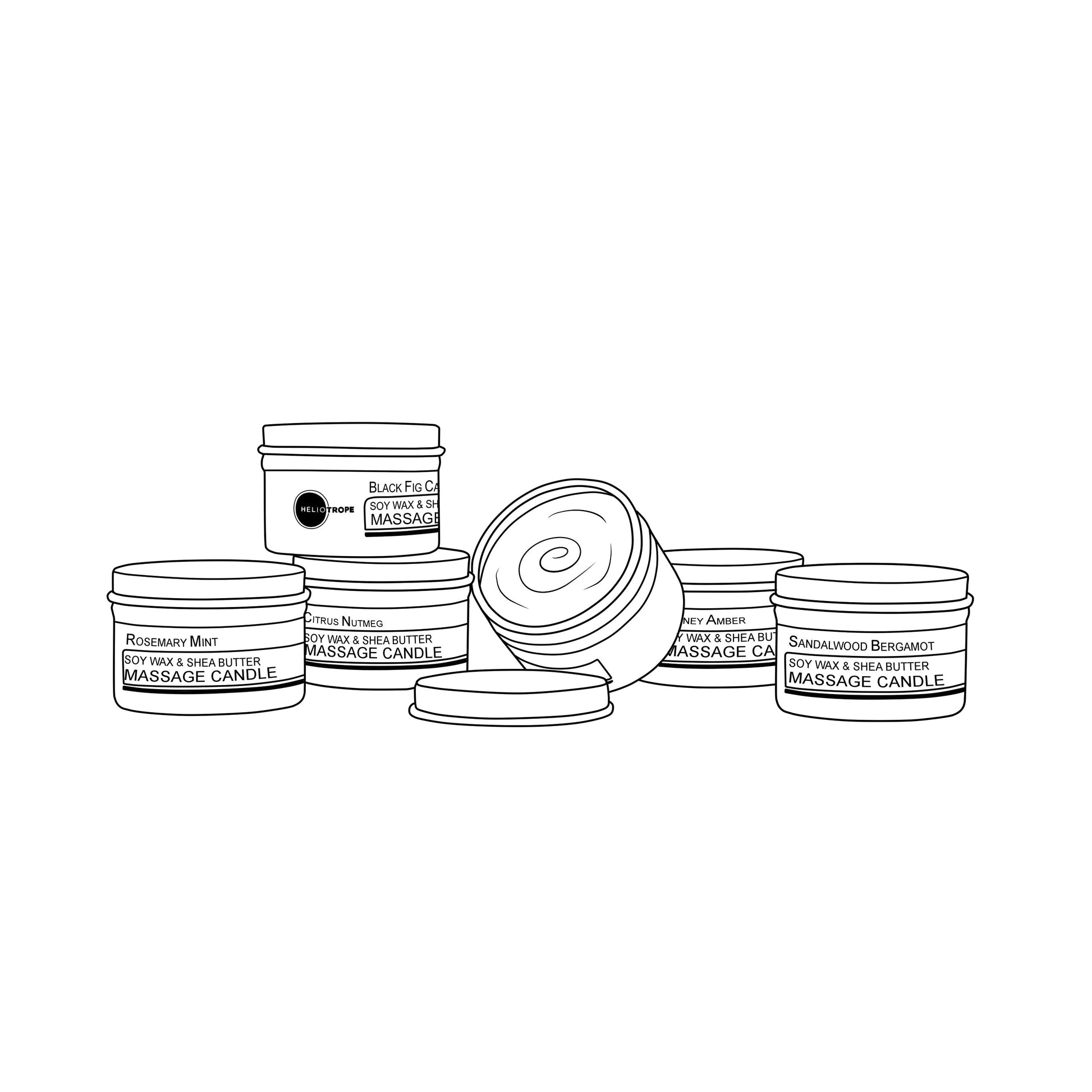 Illustration of massage candles with labels on a white background