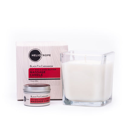 Massage candle and packaging with 'Heliotrope' branding on a white background
