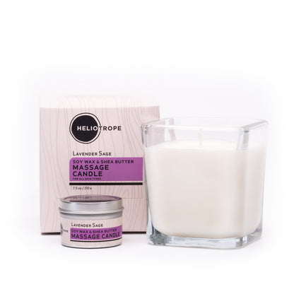 Heliotrope lavender sage massage candle and packaging on a white background