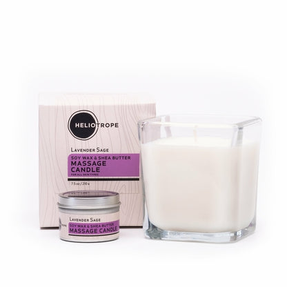Heliotrope lavender sage massage candle and packaging on a white background