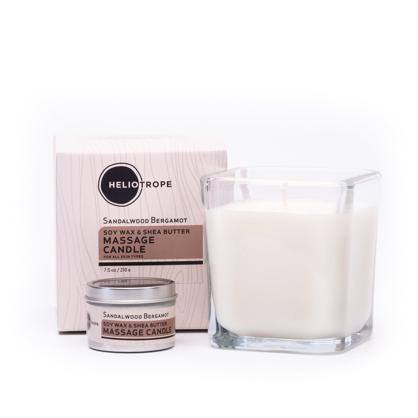 Heliotrope massage candle with packaging on a white background