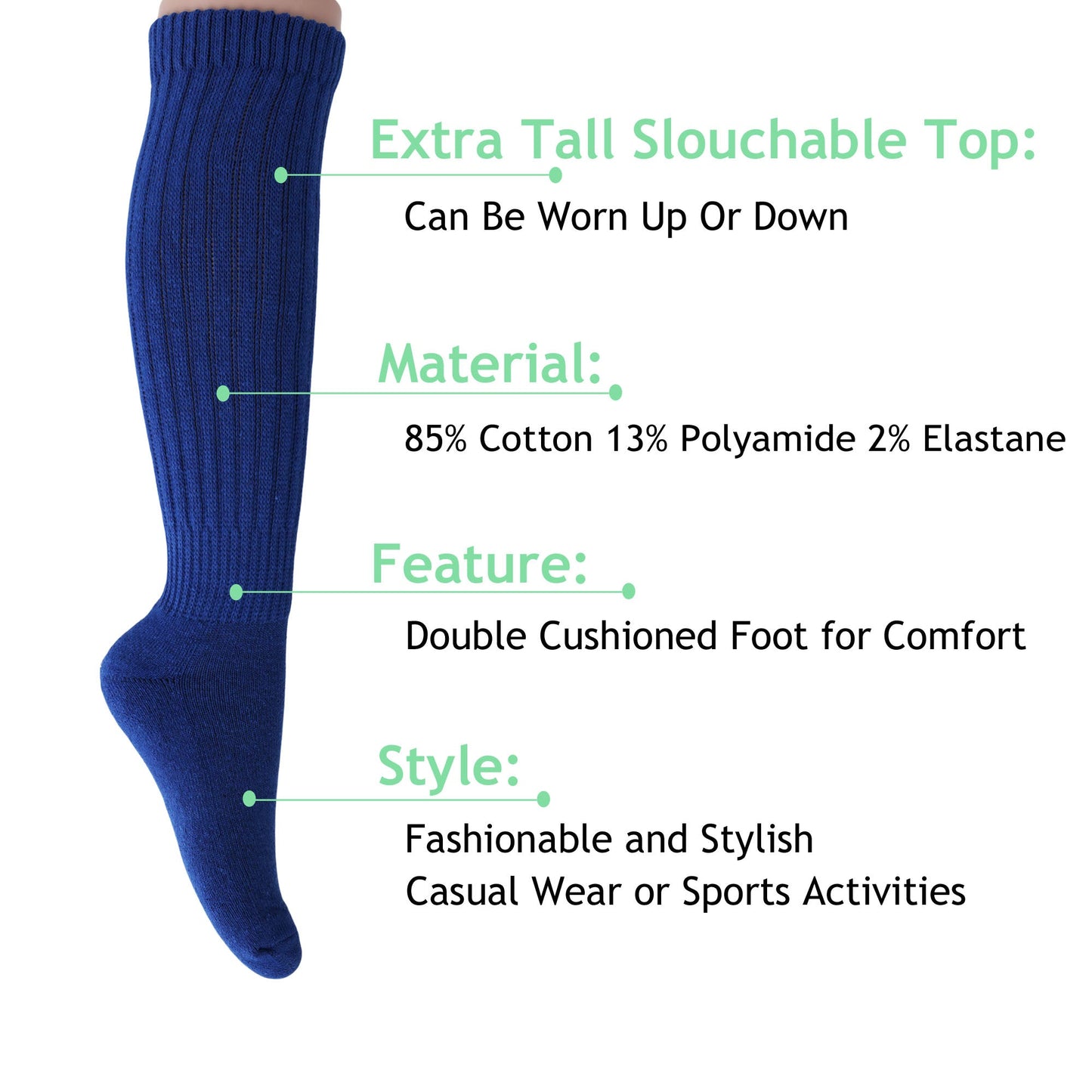 cozy cotton royal blue slouch socks for women