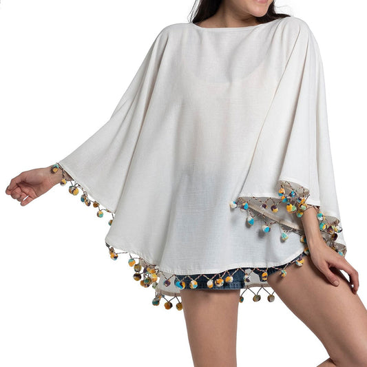 Front view of Pom Pom Turkish Tunic, handwoven from soft Turkish cotton with decorative pom poms.