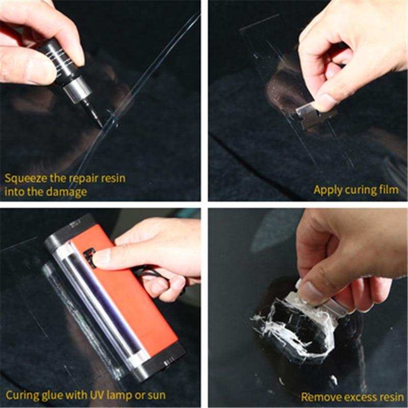 Windshield chip repair with curing strips