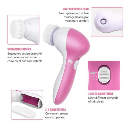 Pink and white handheld massage device with features highlighted on a white background
