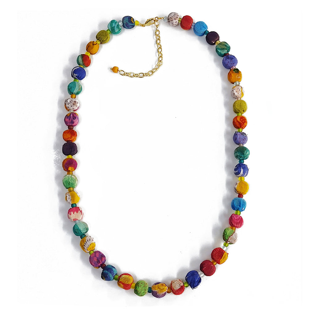 Handcrafted Kantha Bead Necklace made from recycled sari fabric – colorful sustainable jewelry handmade in India