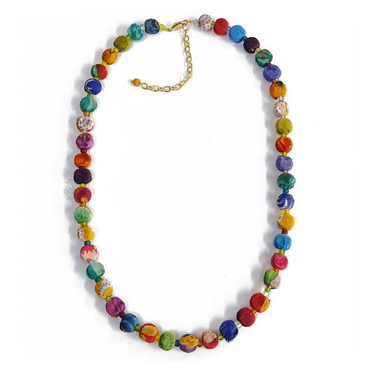 Handcrafted Kantha Bead Necklace made from recycled sari fabric – colorful sustainable jewelry handmade in India