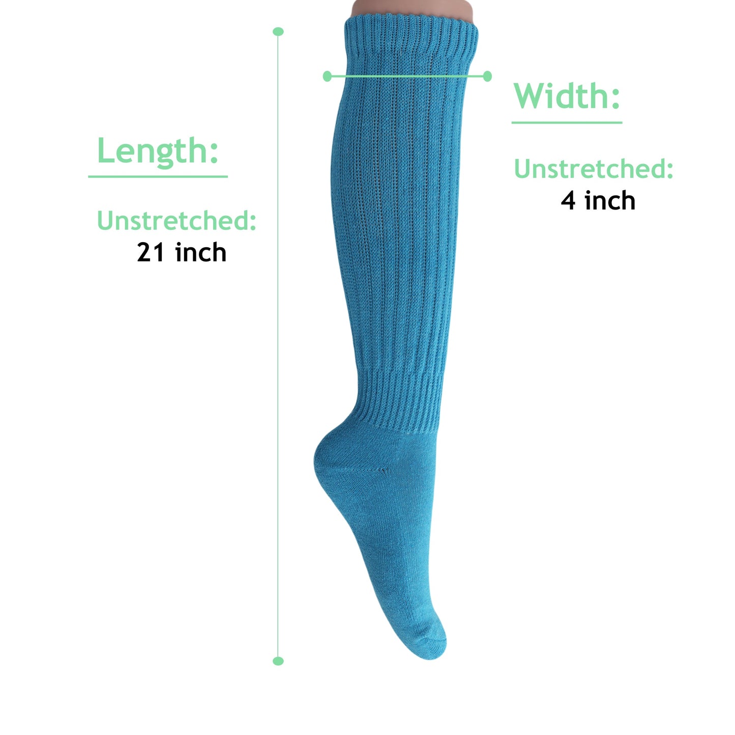turquoise cotton knee high slouch socks for women